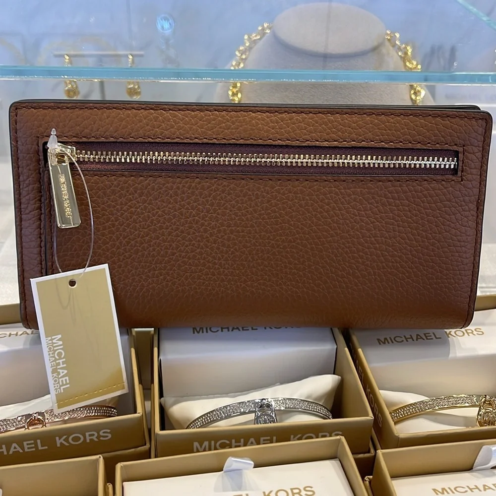 Michael Kors Reed Lg Bifold Pebbled Leather Snap Wallet Card Case Luggage NWT